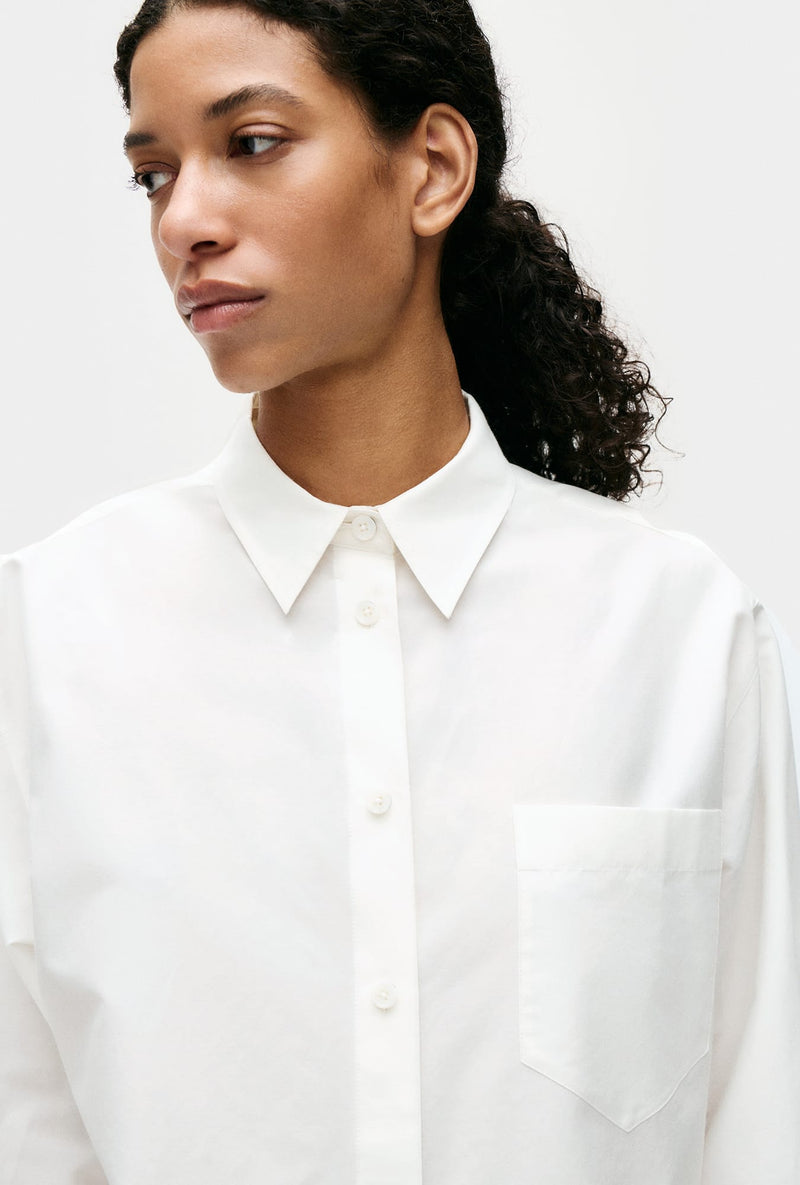 COTTON SILK PLEATED YOKE SHIRT WHITE